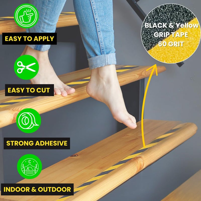 Slip No More! Grip Tape - Heavy Duty Hazard Tape Roll - Black and Yellow 2in x 15ft. Waterproof, Non Skid Tape for Stairs & Ramps. Yellow Caution Floor Tape for Indoors/Outdoors. Friction Tape Covers 5 Stairs. - Image 5